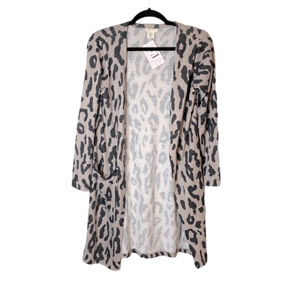 NWT Yelete Beige Black Leopard Print Longline Open Front Cardigan Small